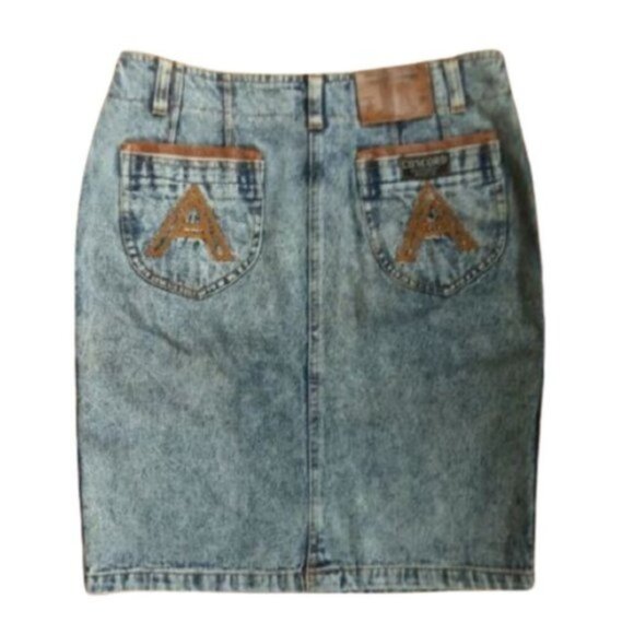 Vintage 80s jeans denim pencil fitted knee length skirt - Picture 1 of 7